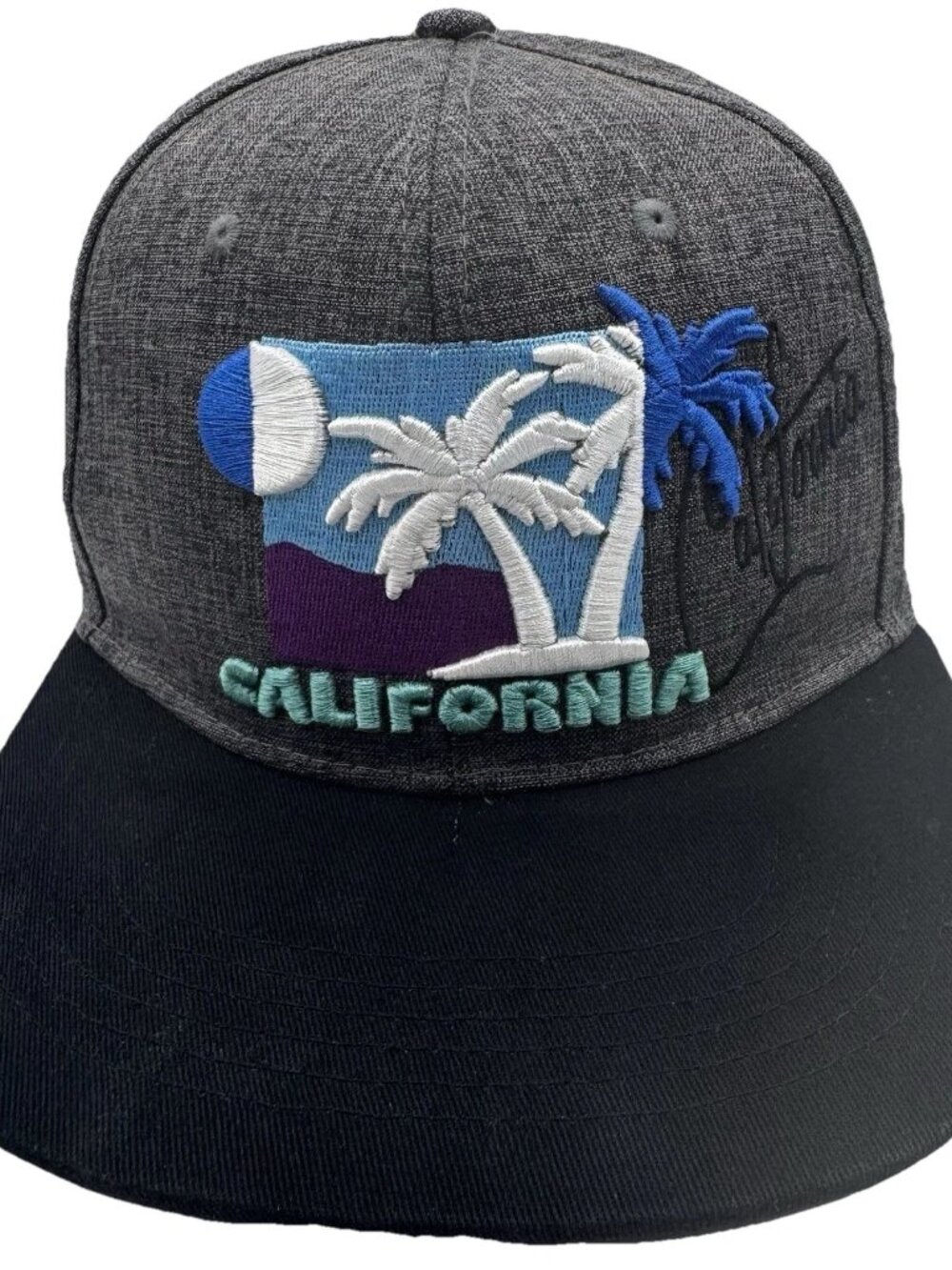 California Snapback Hat Gray Black Embroidered Palm Tree Beach Souvenir